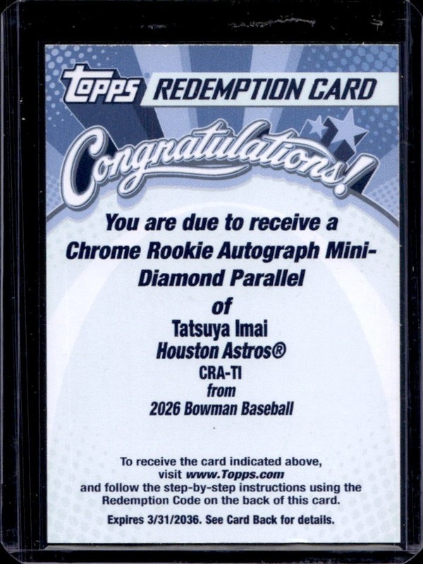 2026 Bowman Tatsuya Imai Chrome Rookie Auto Mini-Diamond Refractor RC #/100