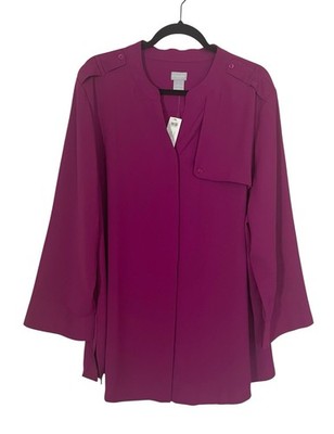 NWT Chico s Button Up Tunic Top 3/4 Sleeve Blooming Dahlia Epaulet Sz 4 (20-22)