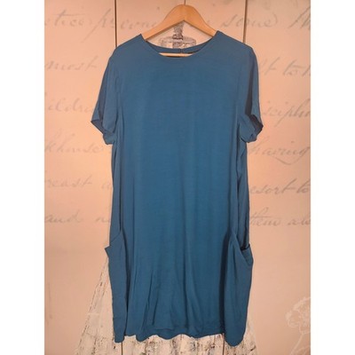 Eileen Fisher Teal Blue Tencel Viscose Short Sleeve Shift Pocket Dress M