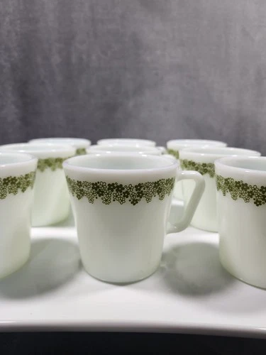 Vintage Pyrex Spring Blossom Green Crazy Daisy Coffee Cup Mugs D-Handle/Set of 9