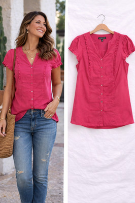 J Peterman Cap Sleeve Blouse Top Size 8 Hot Pink Ruffle Pleat Trim Cotton