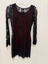 Black Lace Over Red Mini Dress Long Sleeve Whimsigoth Small David Bitton Y2k