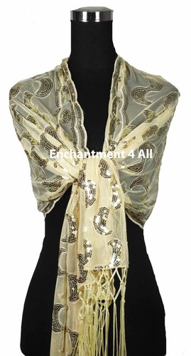 Elegant Handmade Lace PAISLEY Art Scarf Wrap w/ Sequin & Crochet Fringe, Ivory