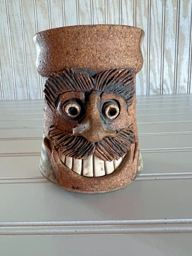 Ugly Face Mug Unsigned Vintage Handmade Pottery Stoneware Mustache Teeth Grin