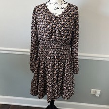 THML Lined Dress Black Beige Floral Long Sleeve Blousy Elastic Waist Large NEW