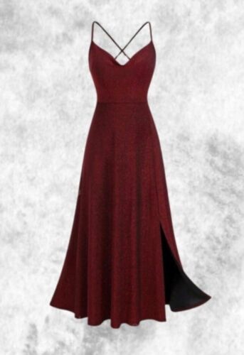 New Wine Red Glitter Side Slit Sexy Strappy Long Maxi Dress size 2XL 20 22 24 - Picture 1 of 6
