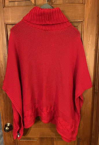 Fine Mérinos Poncho One Size In Red Merino Wool Acrylic Blend Turtleneck - Picture 2 of 7