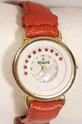 Vintage Visage Watch Animated Stars White Face Red Leather Band Gold Case Rare