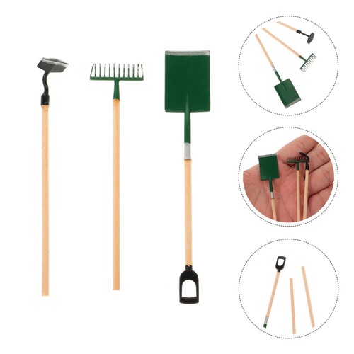 3 Pcs Mini Garden Tools Toy Rake Tiny Model Hoe and Dollhouse Gardening