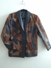 Vintage 80s Women's Elle Et Lui Art On Leather Black & Brown Jacket Sz M