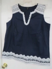 Talbots Woman Cotton Embroidery  Sleeveless Navy 1X Top NWOT