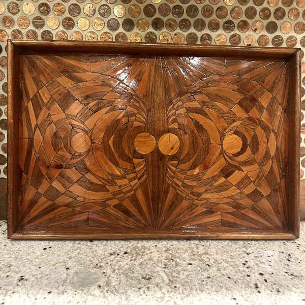 Vtg OOAK Circle Geometric Wooden Serving Tray Inlay Red Blonde Wood Handmade 17”