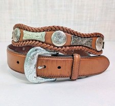 Tony Lama Concho Belt Size 42 Brown Leather Braided Edge Scalloped Design Damage