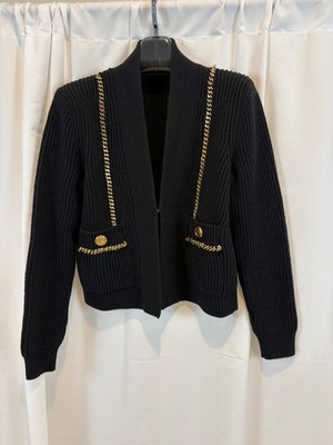 Balmain Paris Sz 40 Black Ribbed Wool Sweater Jacket - Gold Crest Logo Button DS