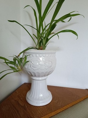 Vintage Keramik Blumentopf Weiß Relief Fuß Schale Übertopf Pflanzgefäß