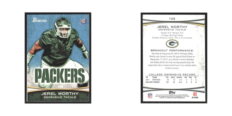 2012 Bowman Jerel Worthy RC Packers #105 - Image 3 of 3