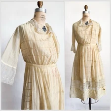 Antique Edwardian 1910s Ivory Cotton Sailor Cotton Day Dress S
