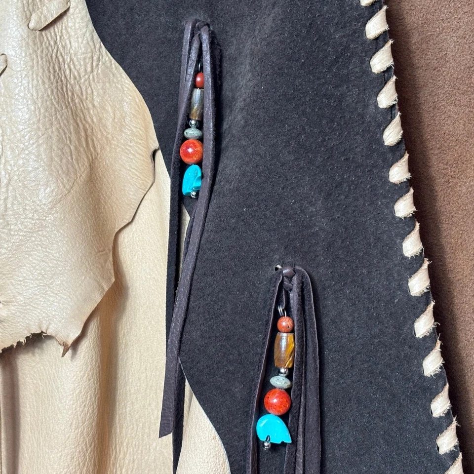 Chaleco de Cuero Original Azul Gorro Rosa Flecos Turquesa Cuentas Boho Western Foto 4 de 4