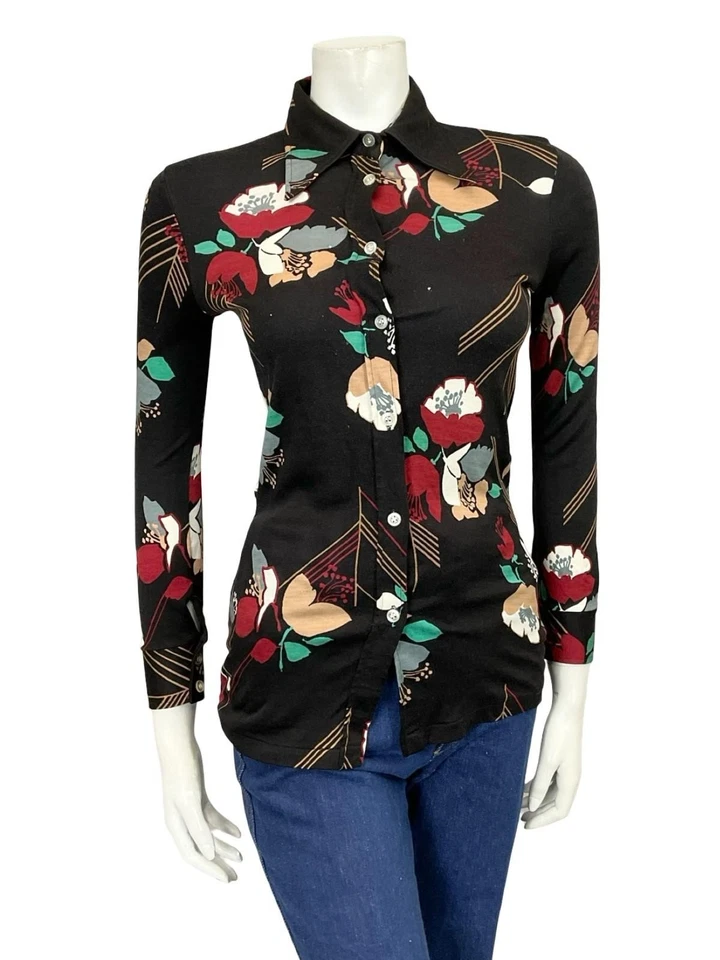 *VTG 60S 70S BLACK RED GREEN WHITE BEIGE MOD FLORAL DAGGER COLLAR SHIRT XS 6 - Image 3 of 4