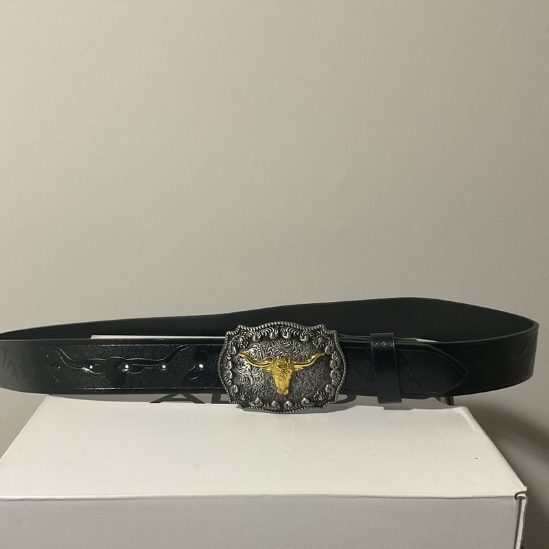 Western Longhorn Buckle Belt Black Solid Adjustable Metal Hardware Unisex M