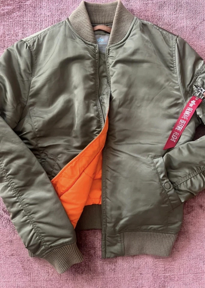 Alpha Industries MA-1 Bomberjacke Herren Gr. M Grün/Orange Nylon Reißverschluss - Bild 1 von 4