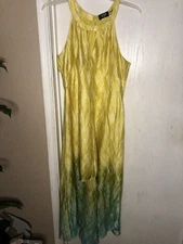 Guess LA Maxi Dress 14 Ombré Yellow Green Top Lined High Low Key Hole Back *READ