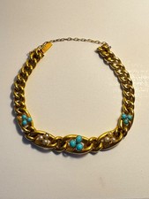 Victorian 15ct Gold Turquoise and Seed Pearl Curb Bracelet