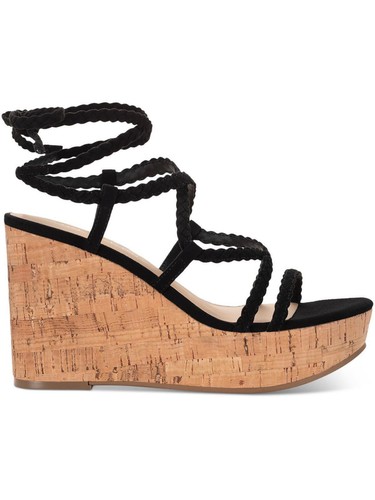 SUN STONE Womens Black 1-1/2" Platform Trinnie Round Toe Wedge Heeled Sandal 8 M