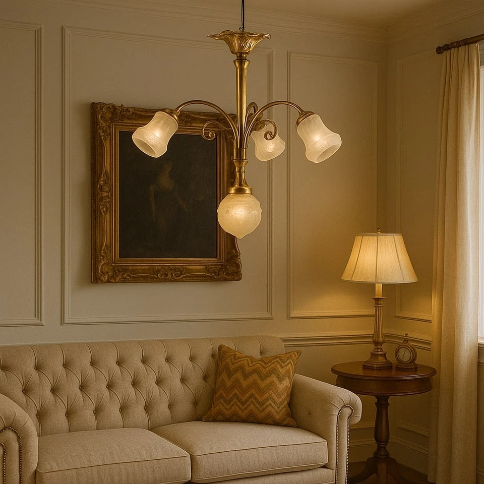 Lustre Ancien Bronze Doré 3 Lumières Italie du XXe Siècle Original - Photo 2/4