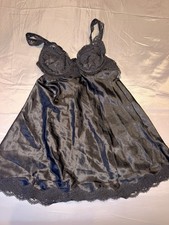 Vintage Victoria's Secret Black Satin Slip Dress Floral Lace Trim Medium M