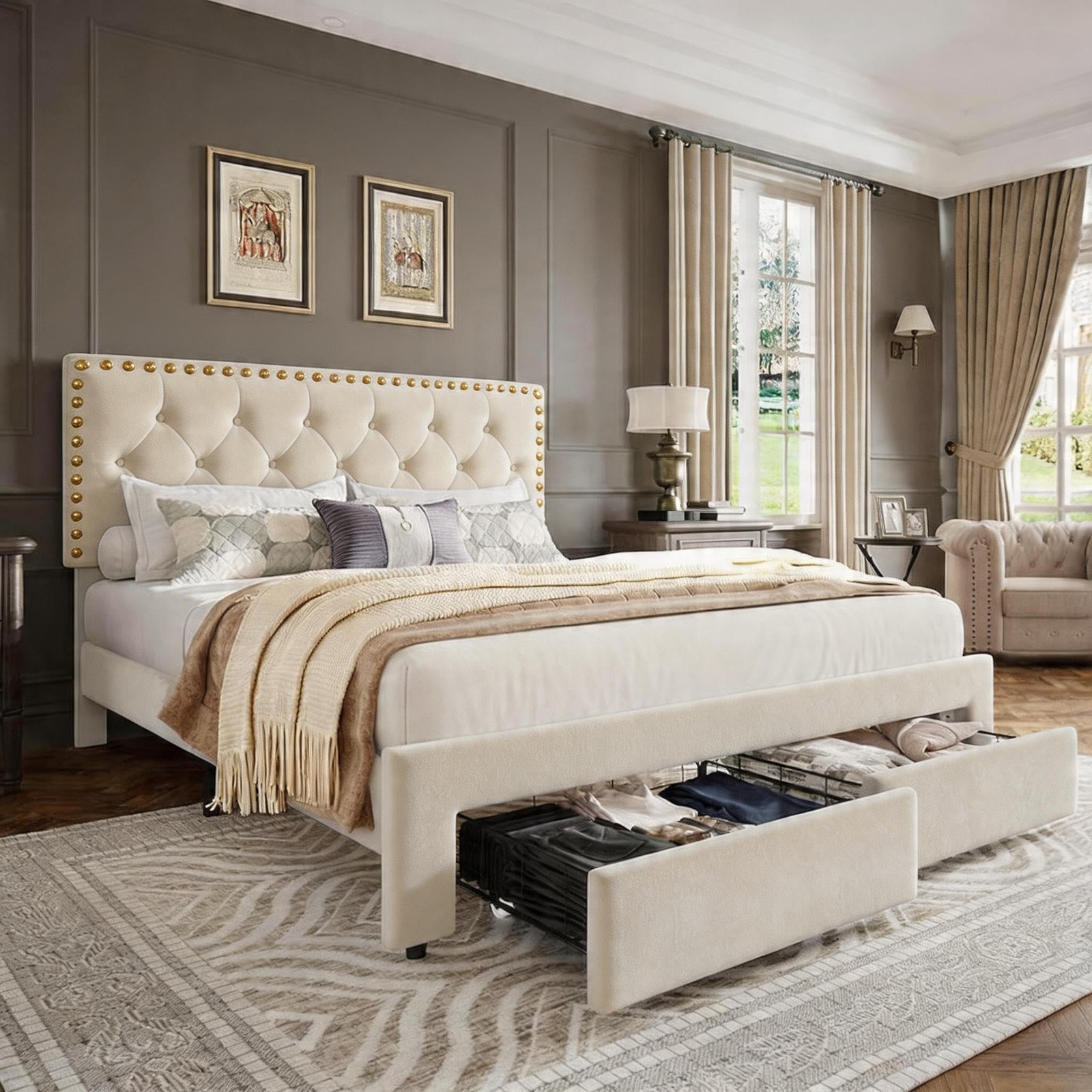 Full Queen King Bed Frame with 2 Storage Drawers Upholstered Headboard Bed Frame