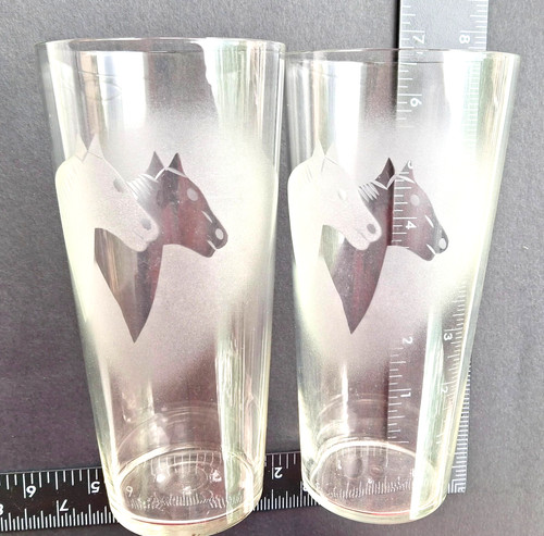 Horse Heads Glasses, Pair of Etched Glass Art Deco Style Tumblers, 16 oz