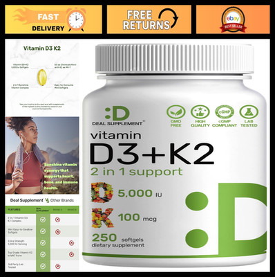 Vitamin D3 5000 IU + K2 MK7 Softgels, 250 Count | 2-in-1 Complex, Easy to Swallo