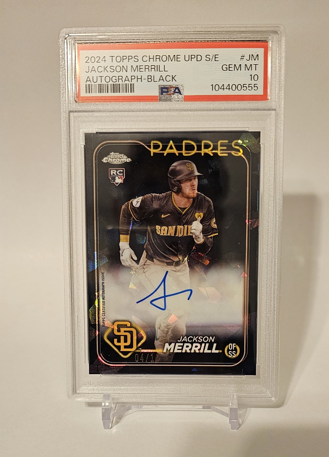 Jackson Merrill 2024 Topps Chrome Update Sapphire RC Auto Black /10 PSA 10 POP 1