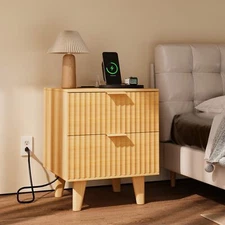 Fluted Nightstand with Charging Station Mid Century Modern Wooden Side Table
