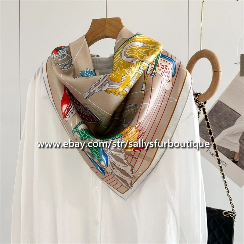 Sallys 14 Momme Twill Silk Wrap Scarf Bandanna Saddles Print Square Shawl 35"
