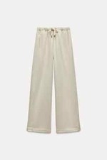 Zara Women Wide Trouser Pants M Beige Elastic Waistband Drawstring 8372/245 NWT