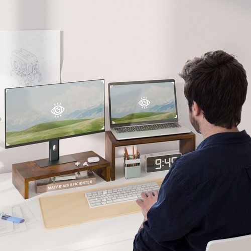 2 Pack Monitor Stand Riser,Wood 2 Tier Adjustable for 2 Monitors/Laptop/PC Brown - Picture 6 of 8