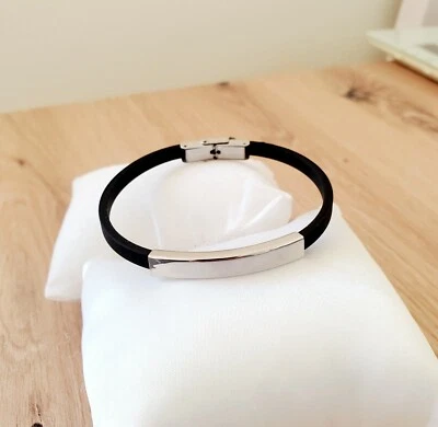 Bracelet fin simili et acier inoxydable noir chic argent noir pour homme 21cm - Photo 1/4