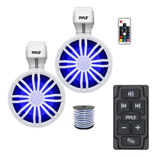 Pyle Marine Controller, 2x 3.5’’ Bluetooth LED White Speakers w/ Remote, Wire