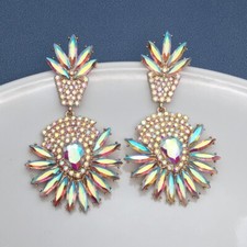 AB Crystal Rhinestone Large Flower Leaf Dangle Drop Earrings