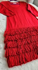 Calvin Klein red, sweater dress with beautiful, tiered, fringe details - Small?