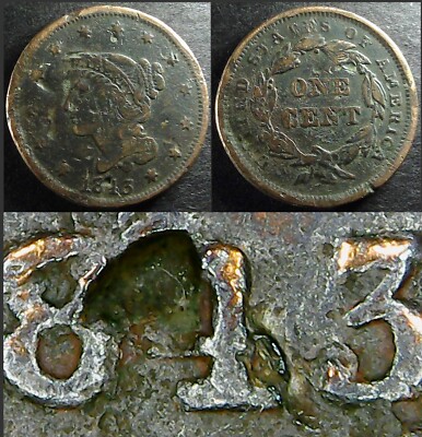 1843 Braide Hair Large Cent minted on Defective Planchet. Date obscured.