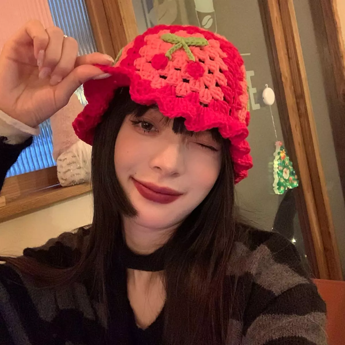 Hollow Cherry Bucket Hat Knitted Summer Soft Women Crochet Spring Costume