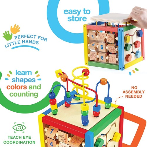 Wooden Activity Cube With Bead Maze 5 n 1 Baby Activity Cube Removable Bead Maze - Picture 2 of 8