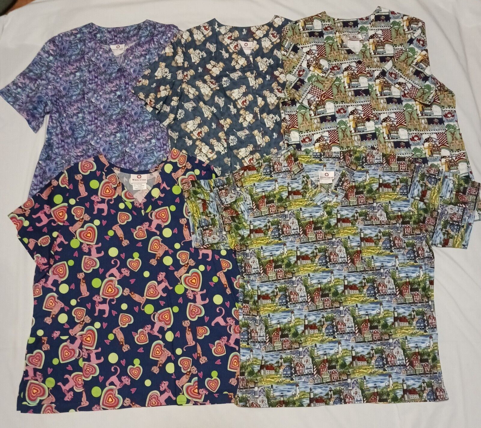 5 WHITE CROSS Women's L Scrub Tops CATS , 3 button up Bears, Noah's Ark, Floral