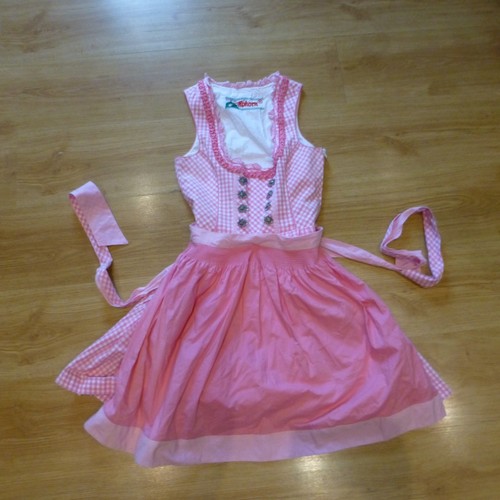 Vintage Alphorn girl pink dirndl dress + apron, Trachten Oktoberfest folk, Sz 34