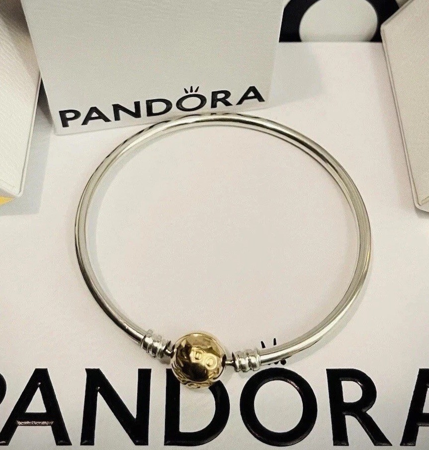 Authentic Pandora Silver & 14k Gold Clip Lock Charm Bangle 590718