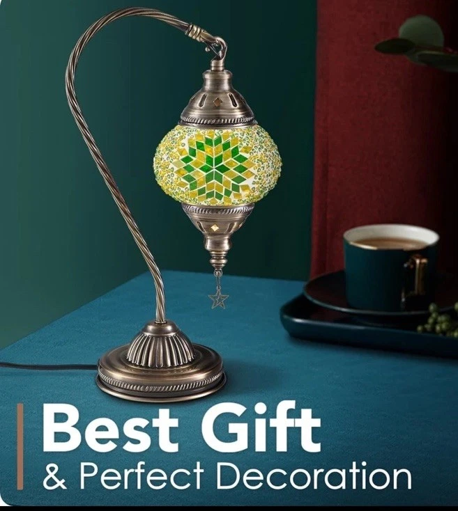 Lámpara de noche turca marroquí de mosaico - Decoración del hogar moderna verde amarillo bronce Foto 3 de 4