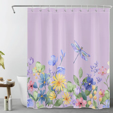 Purple Wildflower Shower Curtain Watercolor Rustic Floral with Green Leaf and Dr